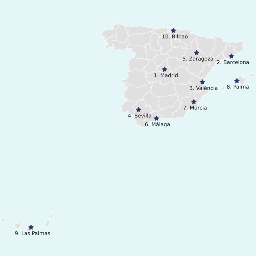 A low-resolution map of Spain highlighting the top 10 cities with numbered markers.