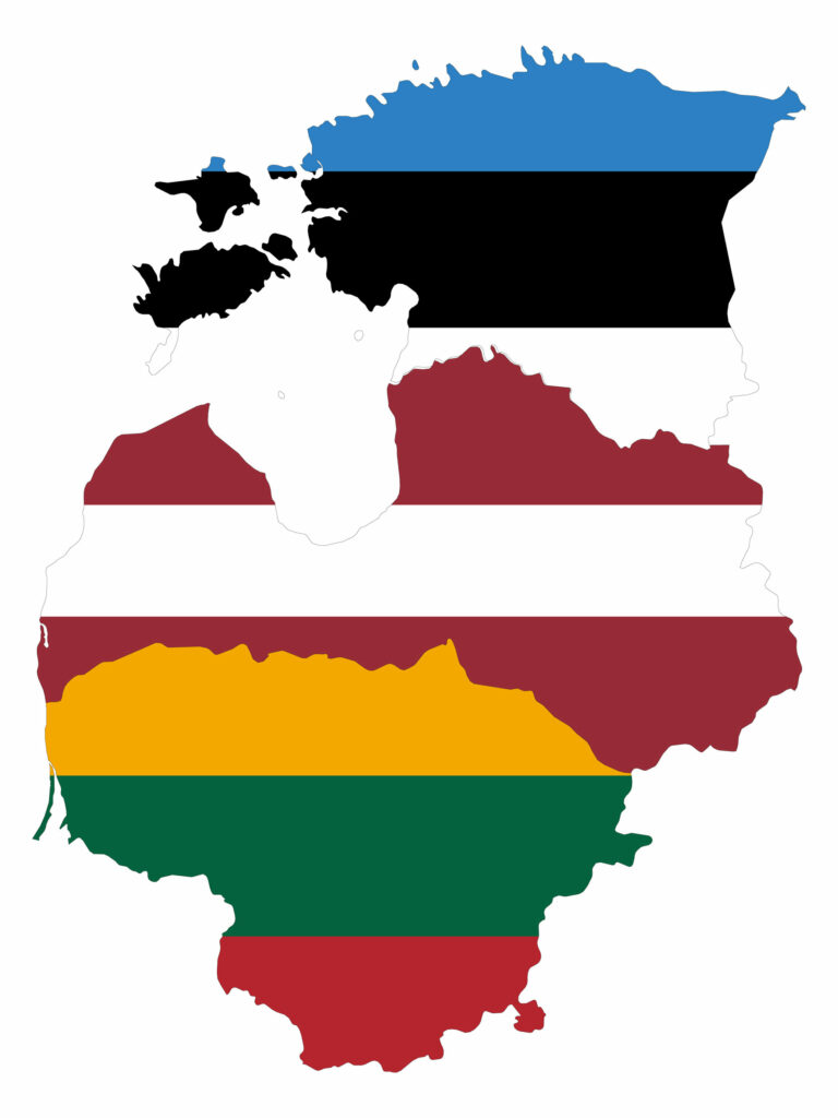 A map displays Estonia, Latvia, and Lithuania vertically with their flag colors. Background is white.