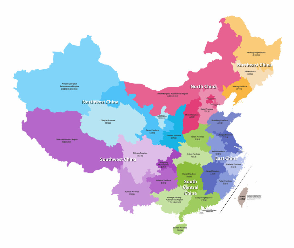 The text describes a color-coded map of China, highlighting various regions like Northeast, North, East, South Central, Southwest, and Northwest China.