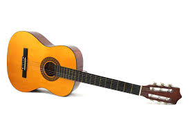 An acoustic guitar positioned upright against a white background.