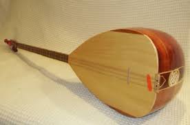 A traditional stringed musical instrument with a pear-shaped body, long neck, and rounded back resting against a textured background.