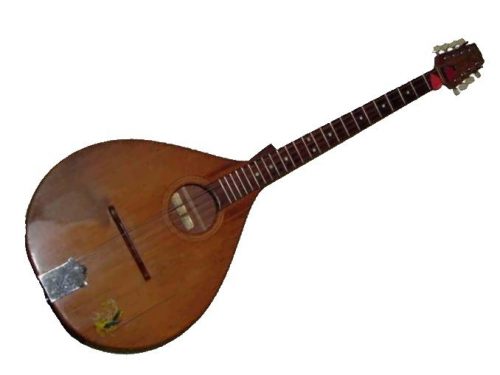 An image of a mandolin lying on a white background. The mandolin appears to be an acoustic style with a wooden body and a fretted neck.