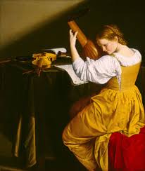 A painting depicts a woman in yellow skirt and white blouse playing a stringed instrument indoors with dim lighting.