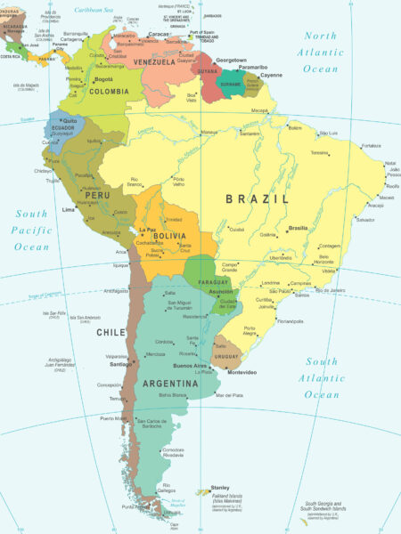 Colorful Political Map of South America A low-resolution political map of South America with countries in different colors, national borders marked, and country names labeled.