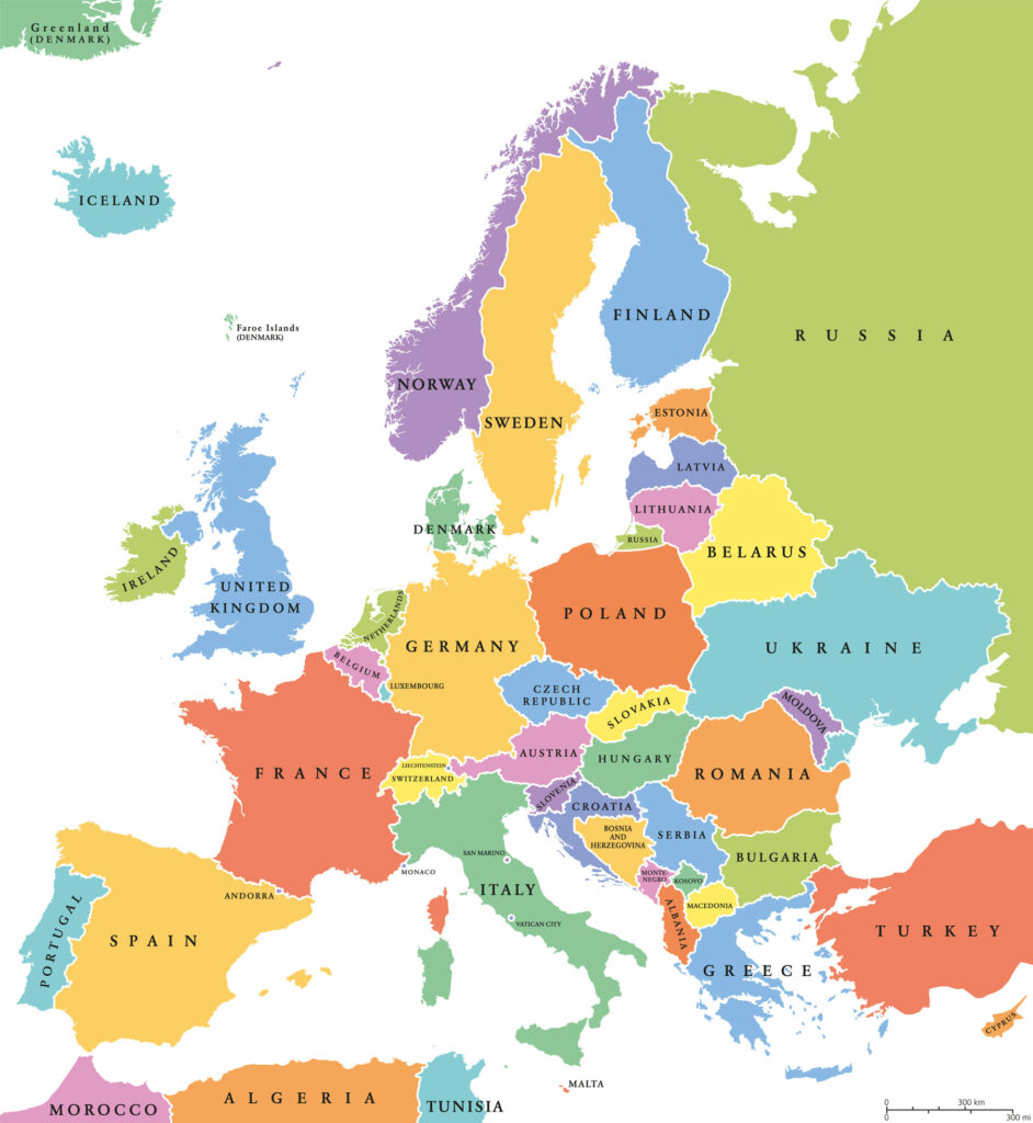 A color-coded map of Europe showing different countries with labels, in An image.