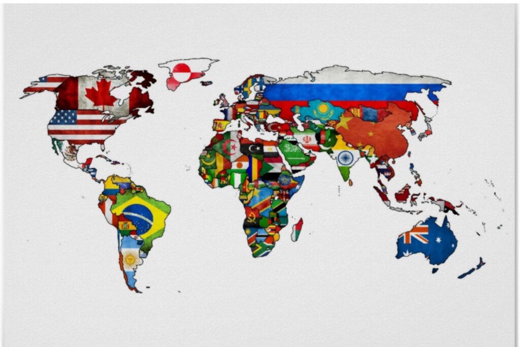 A world map with countries filled in with their respective national flags, displayed against a white background.