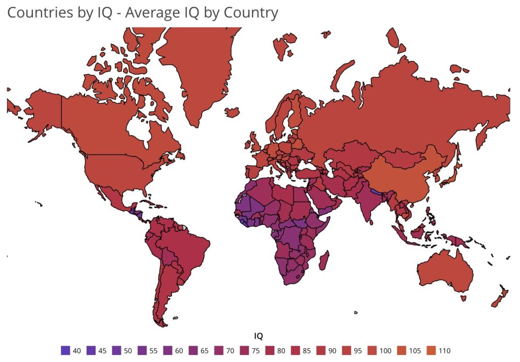 A color-coded world map displaying average IQ by country, with varying shades of red indicating different IQ ranges.