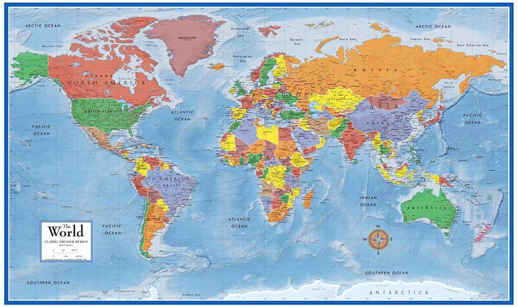 An image of a colorful world map poster with countries in various colors, oceans in blue, and labels for countries, oceans, and seas.