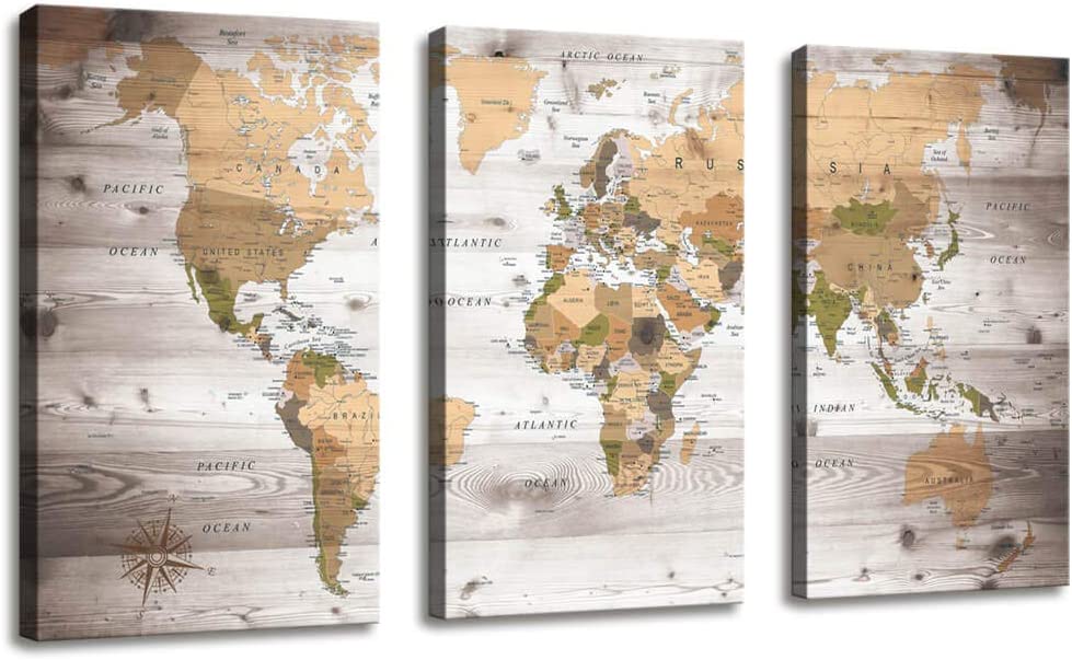 Three-panel wall art featuring a stylized world map with a vintage aesthetic on a wooden plank background.