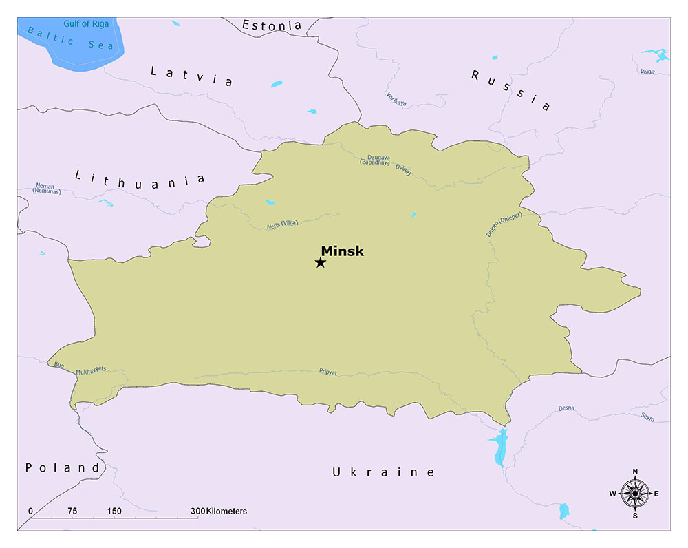 The map shows Minsk, marked with a black dot in Belarus, bordered by Latvia, Lithuania, Russia, Ukraine, and Poland.