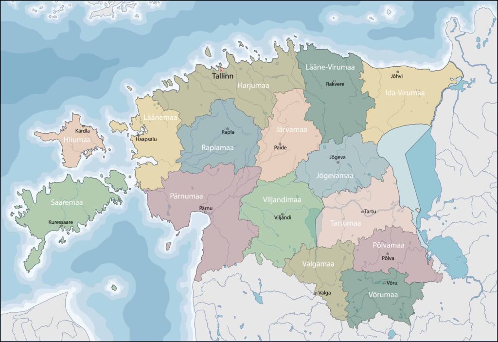 A political map of Estonia showing regions and main cities with color-coded areas, bordered by bodies of water, with labels in low detail.