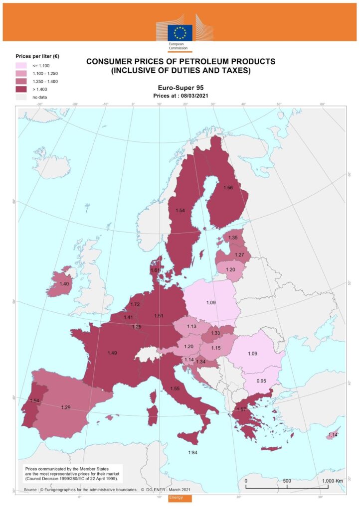 A color-coded map of Europe displaying consumer prices of petroleum products per liter, with varying shades indicating different price ranges.