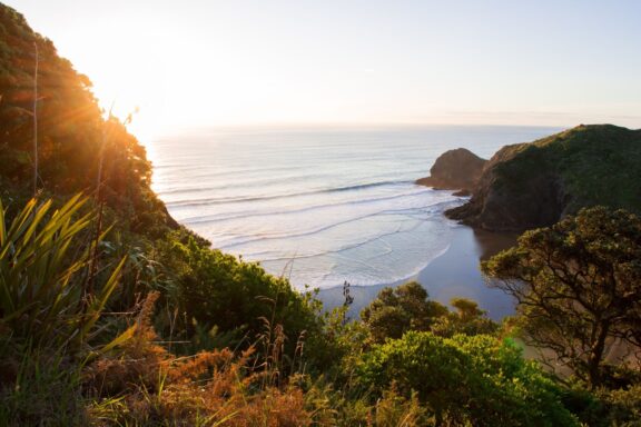 A sunset view of a New Zealand shoreline, with the sun's glow highlighting waves and surrounded by green hills.