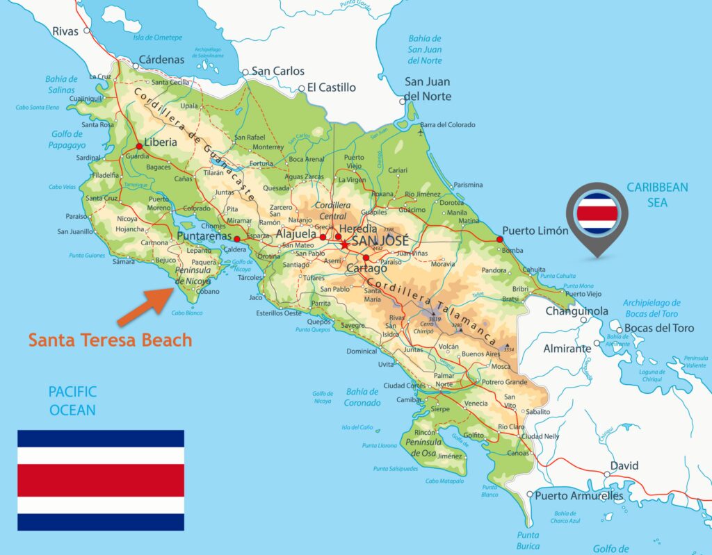 A map highlights Santa Teresa Beach on Costa Rica's Pacific coast, also featuring the country's flag.