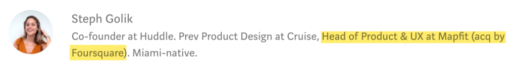 The image shows Stephanie Golik's name, a professional title, a partial face view, and suggests involvement with Mapfit and product design.