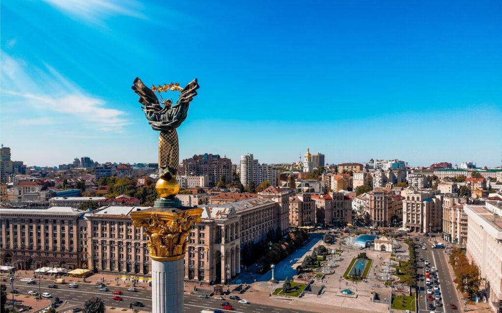 An aerial view of the Inependence Monument at Independence Square in Kyiv, Ukraine.