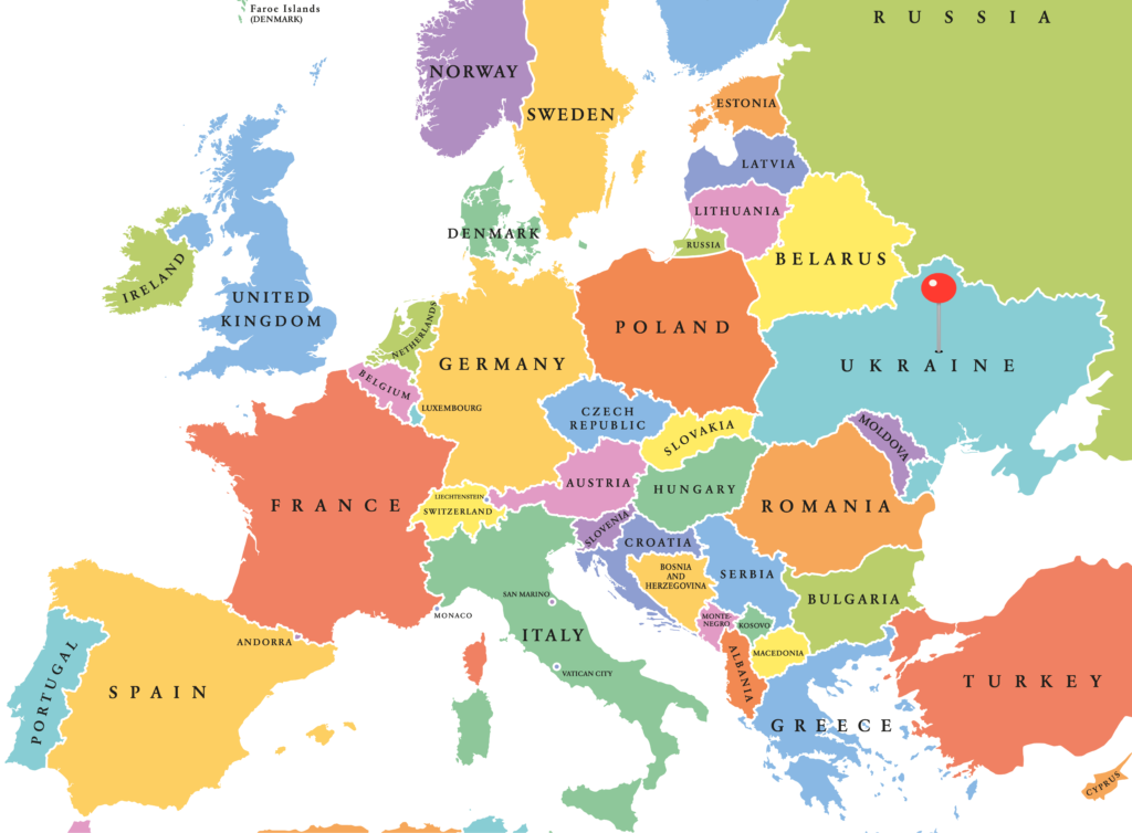 A colorful map of Europe highlighting Ukraine with a red dot, surrounded by various countries labeled in different colors.