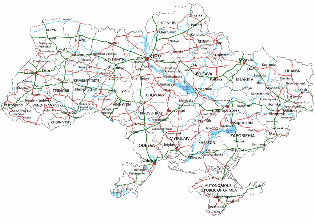 A map showing major cities and road networks in Ukraine.