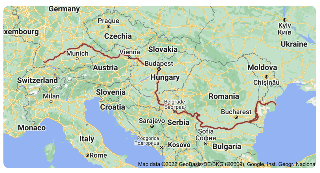 A map displays the Danube River's course through various European countries.