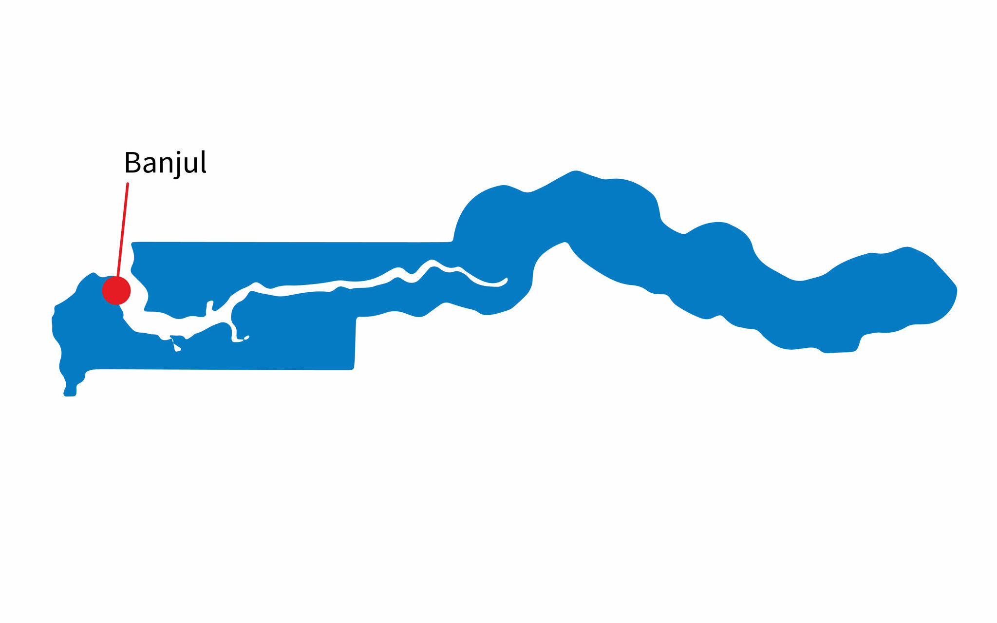 A simplified map graphic showing the location of Banjul with a red pin on the western coast of Africa.