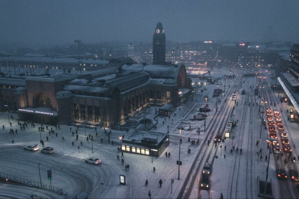 A snowy evening scene in a city in Finland with a view of a central railway station, streetlights, and traffic.