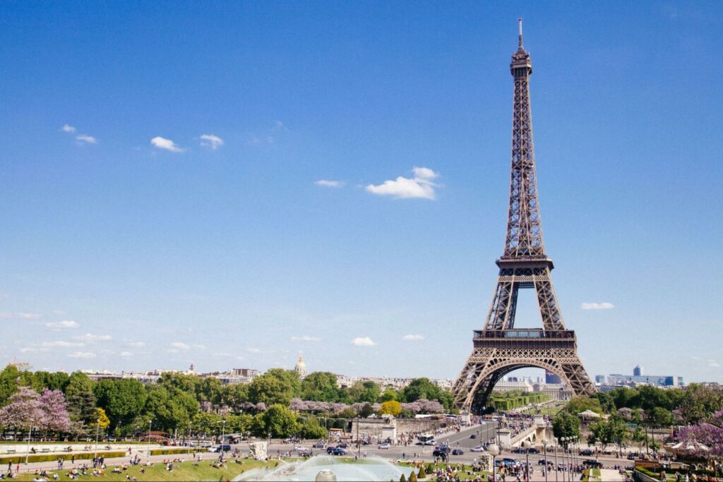 A view of the Eiffel Tower and surrounding area during daytime in Paris, France.