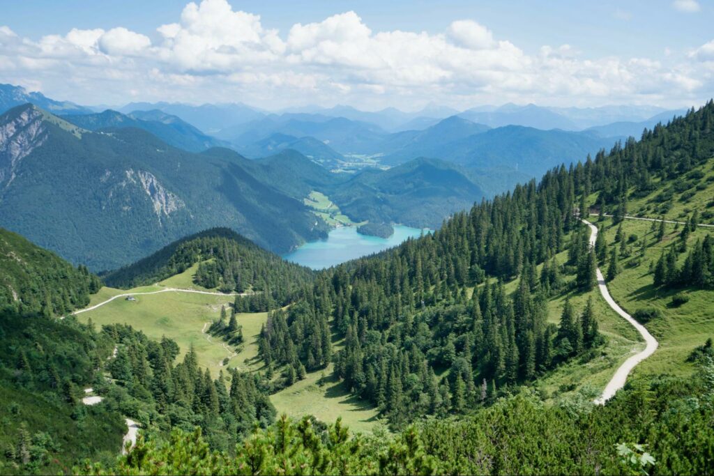 Lake Walchen can be seen between mountains with trees in Germany.