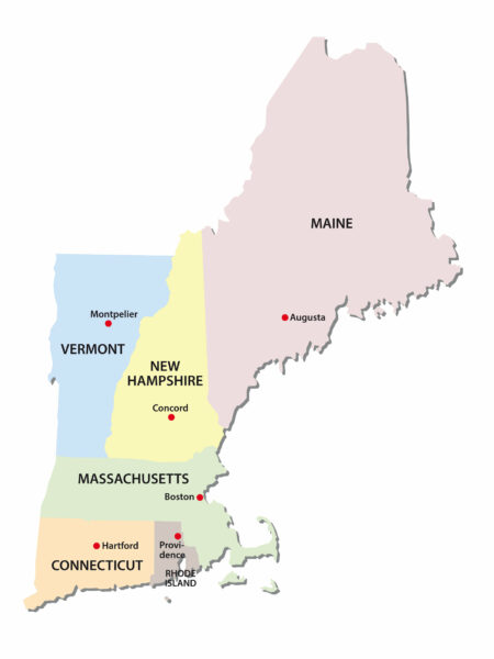 A map showing the New England states in various colors with major cities marked, including Maine in the largest area at the top.