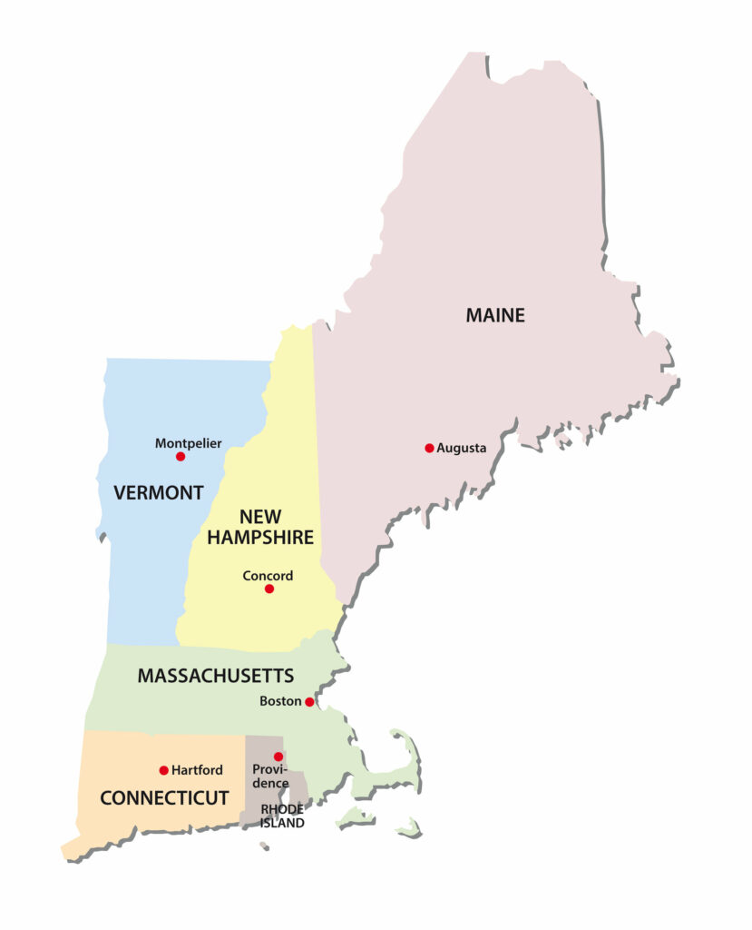 A map of New England showing the state boundaries and capital cities.