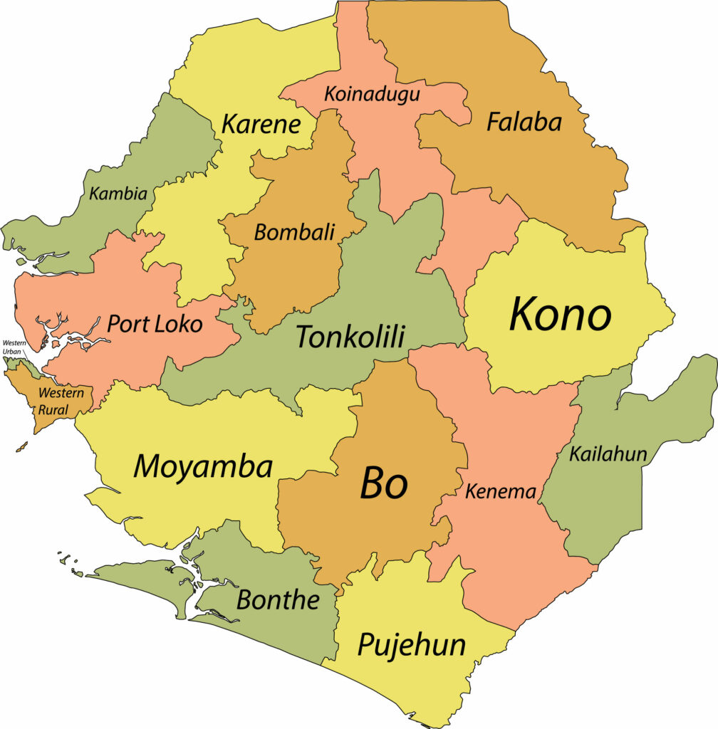 A color-coded map showing the districts of Sierra Leone with district names labeled, such as Kono, Bo, and Moyamba.