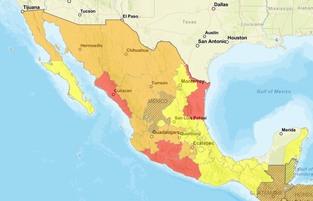 A color-coded map of Mexico showing various states with different levels of travel advisories.