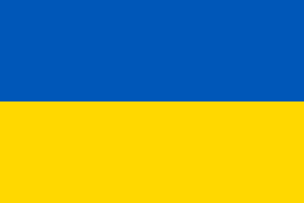 Ukraine flag with two horizontal bands, the top band is blue and the bottom band is yellow.