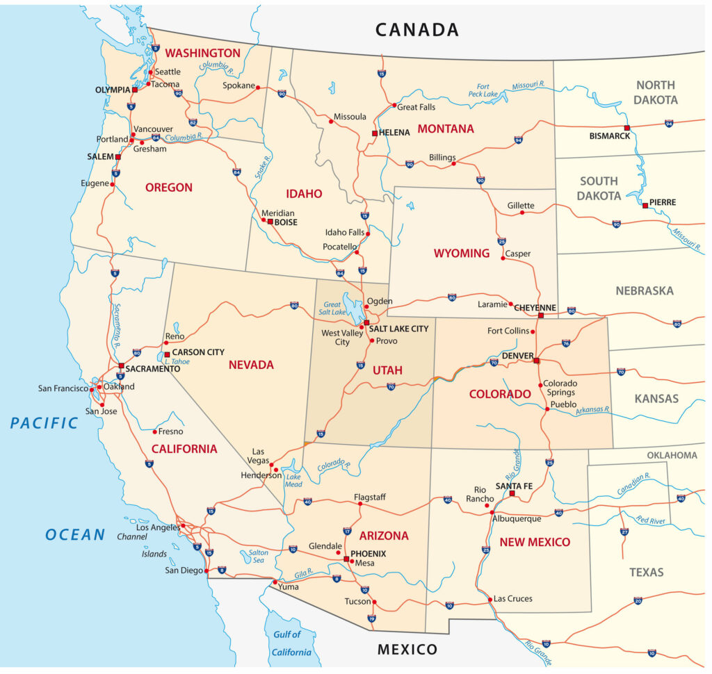 A map of the western United States showing state boundaries, major cities, and road networks.