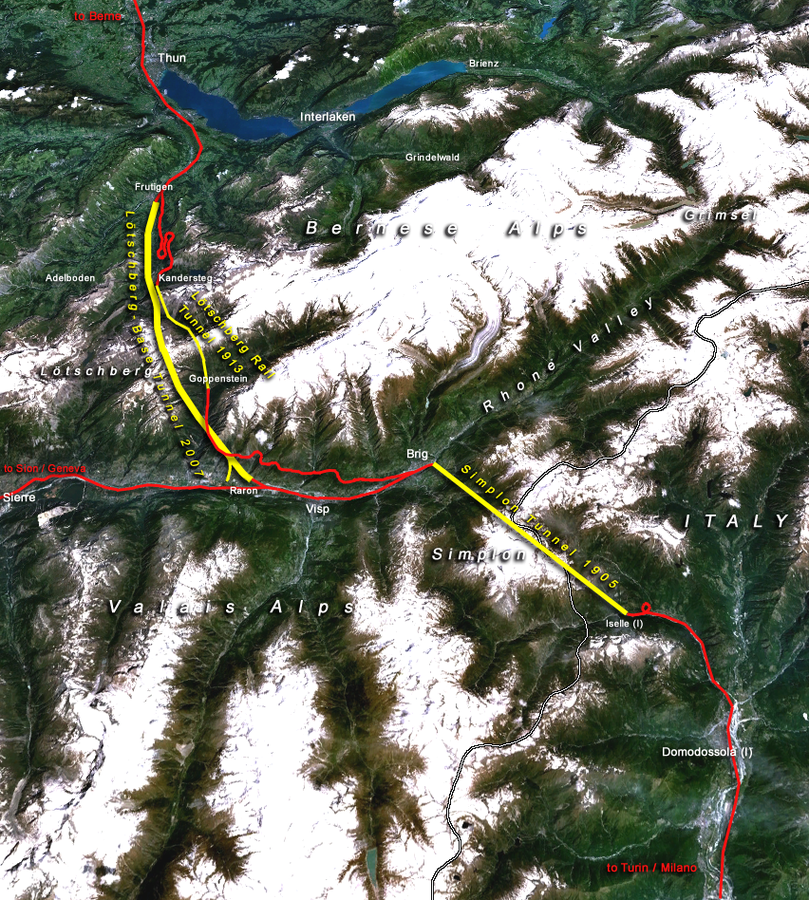 The text describes a map illustrating the Lötschberg Base Tunnel route through the Alps between Switzerland and Italy.