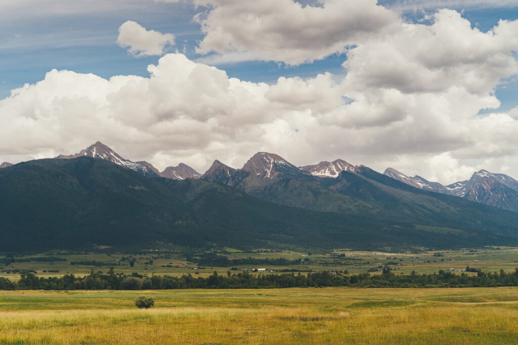 Mountains backing a grassy prairie.