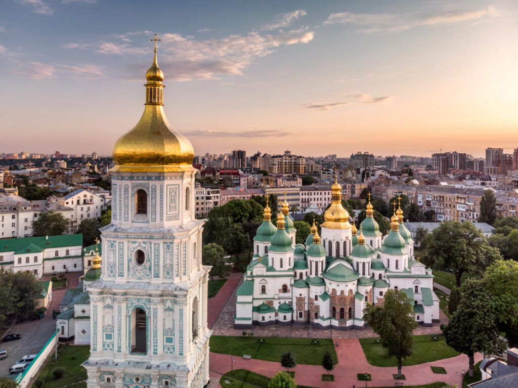 Bell tower and Saint Sophia's Cathedral shot at dusk Kiev, Ukraine.