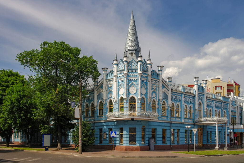 Scenic cityscape of Cherkasy, Ukraine. Building of former Sloviansky hotel - historical building, one of the most famous architectural attraction and symbol of Cherkasy