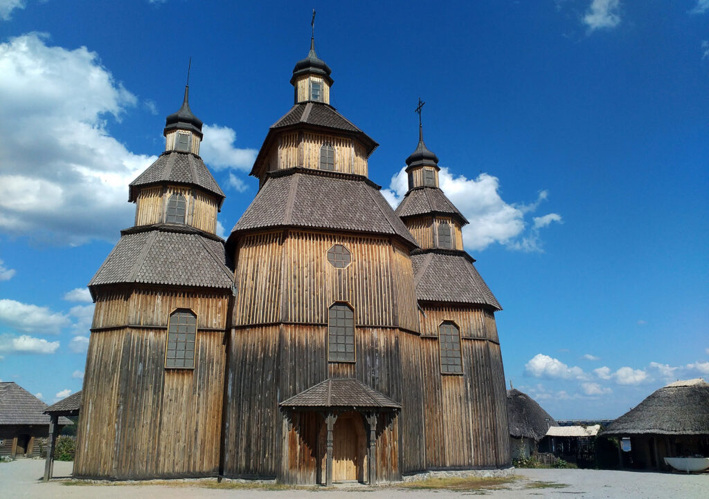 Wooden church on the Island of Khortytsya, Zaporizhzhia, Ukraine.