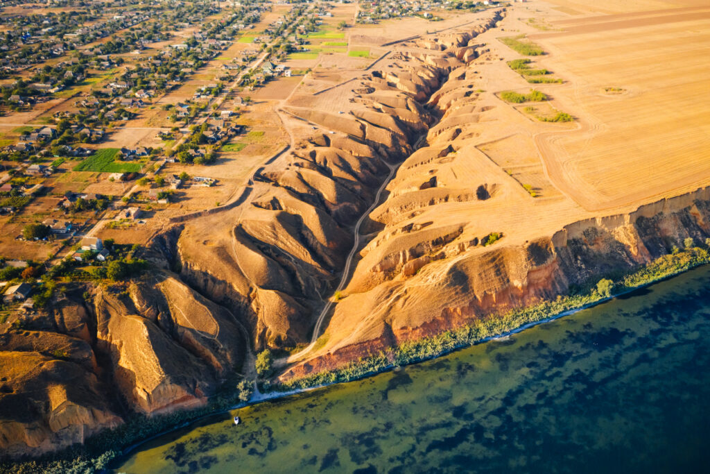 Panoramic drone view of an incised meander of the river. Aerial photography. Location place Grand Canyon Stanislav, Dnieper Bay of Ukraine, Europe.