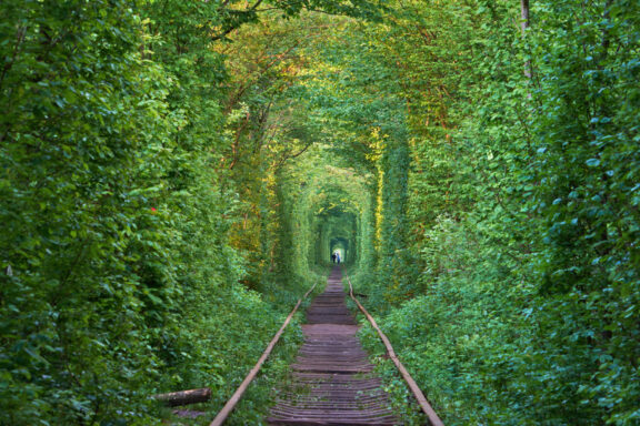 A lush green tunnel formed by trees over a railway track in Klevan, Ukraine, with a person in the distance.