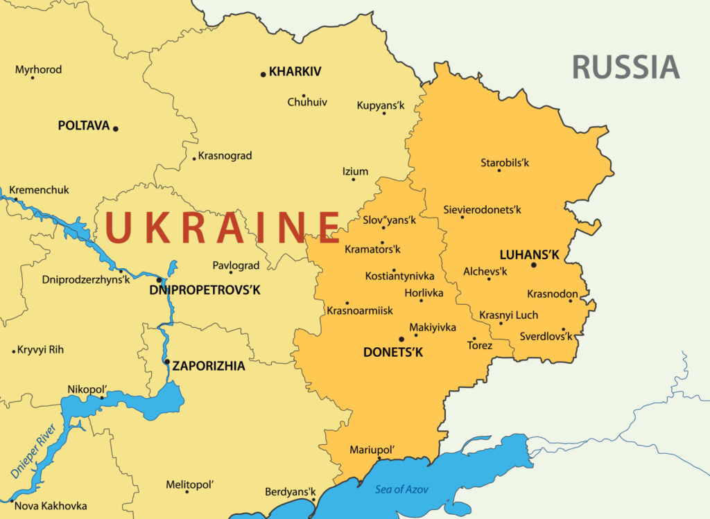 A map highlighting the Luhansk and Donetsk regions in eastern Ukraine, with surrounding areas and country borders also depicted.