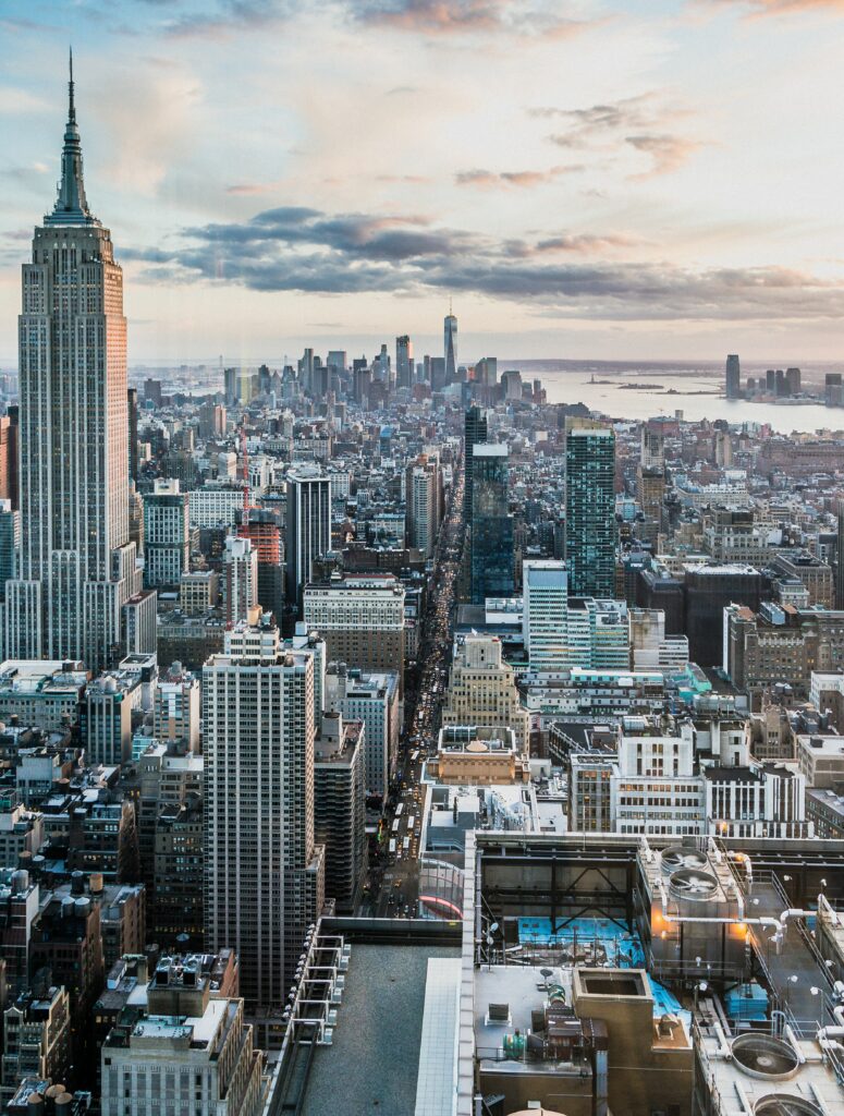 An aerial view of Manhattan in New York City in the Northeastern USA.