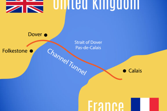 A simplified map illustrating the Channel Tunnel connecting the United Kingdom and France, with location markers for Dover, Folkestone, and Calais.