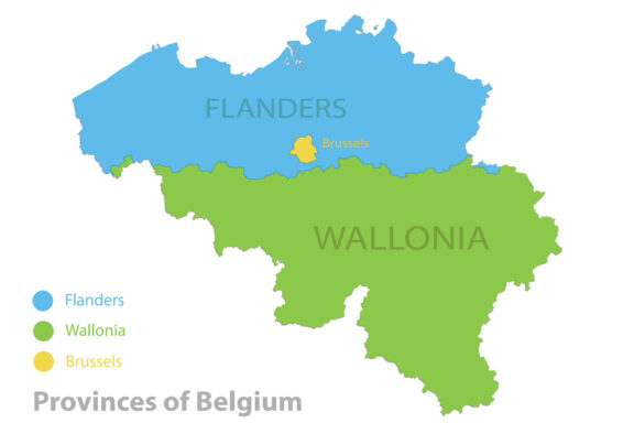 The map displays Belgium's three regions: Flanders (blue, top), Wallonia (green, bottom), and Brussels (yellow dot, center).