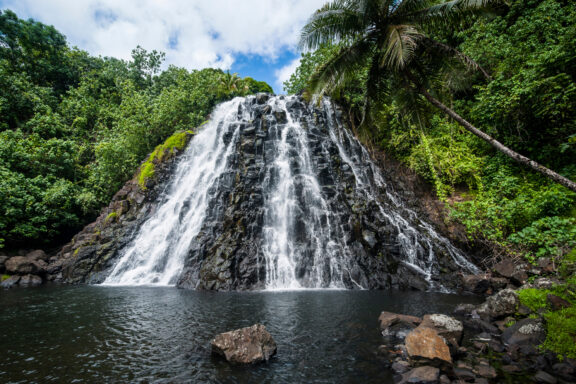 A lush waterfall cascading into a serene pool surrounded by tropical vegetation, likely located in Micronesia.