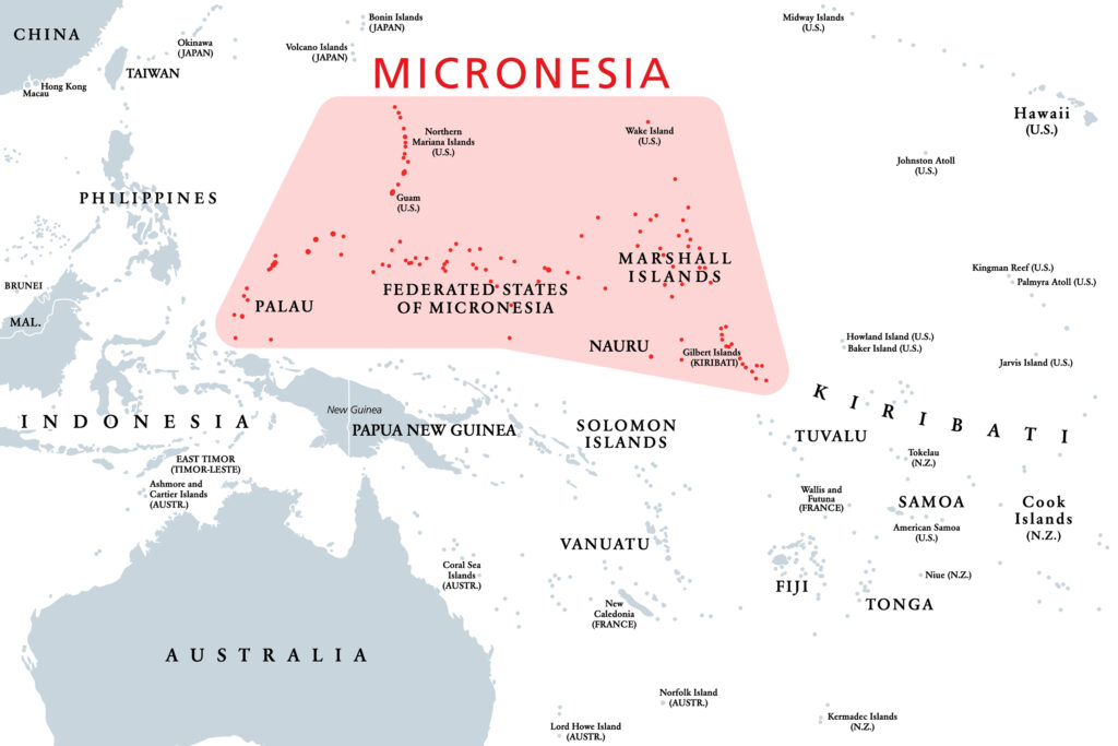 A map displays Micronesia in the Pacific Ocean, highlighting nearby countries like Australia, Indonesia, and the Philippines.