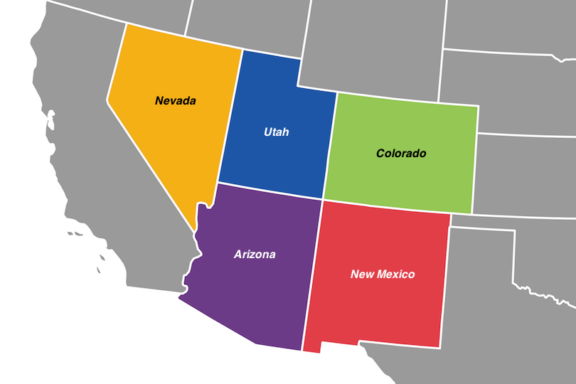 A color-coded map highlighting the southwestern states of the United States, with Nevada, Utah, Colorado, Arizona, and New Mexico each in a different color.