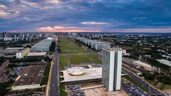 Sunset in Brasília showing Congresso Nacional building.