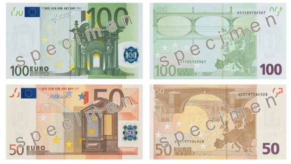 A collection of German Euro banknotes, including a 100 Euro and a 50 Euro note, both marked "SPECIMEN".