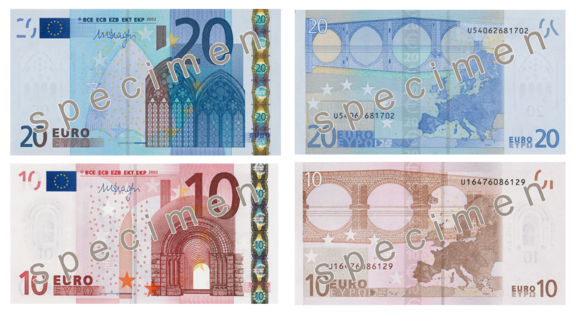 German Euro banknotes display architectural designs, with a 20 euro note on top and a 10 euro note below, both marked 'SPECIMEN'.